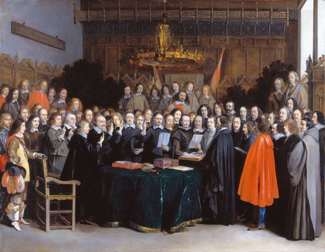 In other words, it was created by these dapper gents. Ponder that for a moment. "The Ratification of the Treaty of Münster," 15 May 1648 (1648) by Gerard ter Borch. Public domain. Image via Wikimedia Commons.